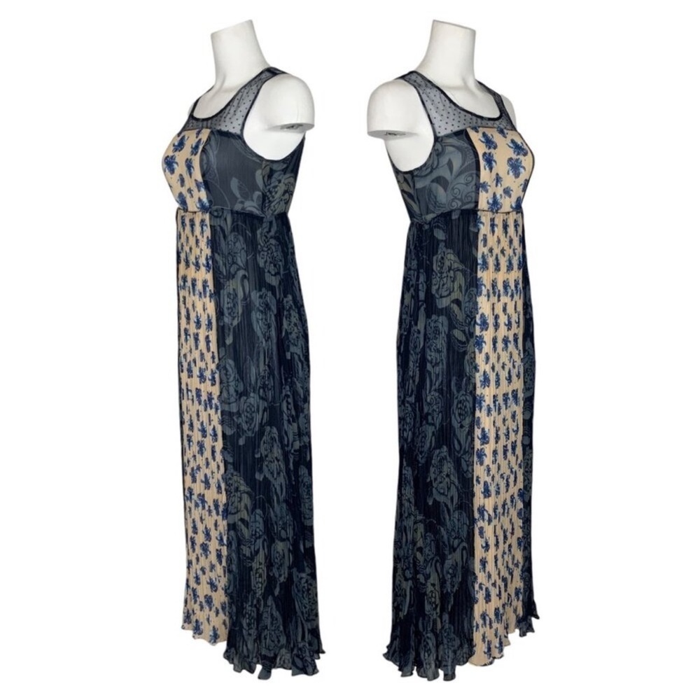 Sundance Maxi Dress 10 Blue Floral Colorblock Pleated Sleeveless Bohemian - Picture 2 of 6